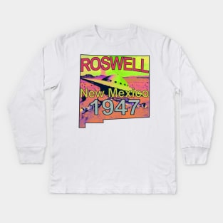 Roswell New Mexico 1947 UFO Aliens Trippy Psychedelic Tie Dye Kids Long Sleeve T-Shirt